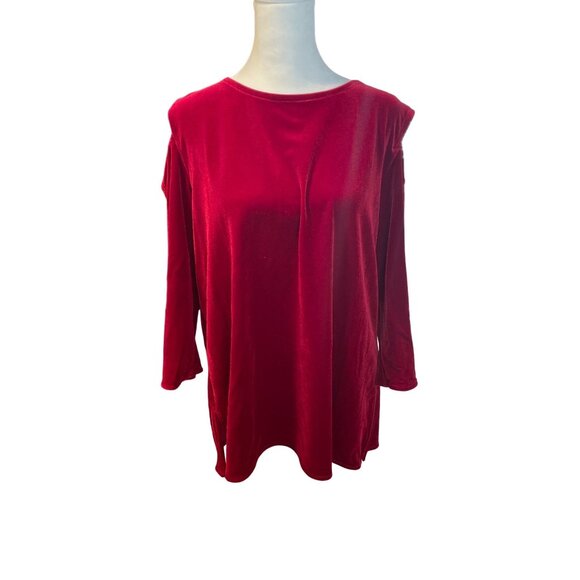 Caroline Rose Red Velvet Cold Shoulder Top MP Loose Fit Made USA Elegant Design - Picture 1 of 12